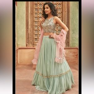 sea green skirt chinon base, mirror embroidery matching blouse and net duppata